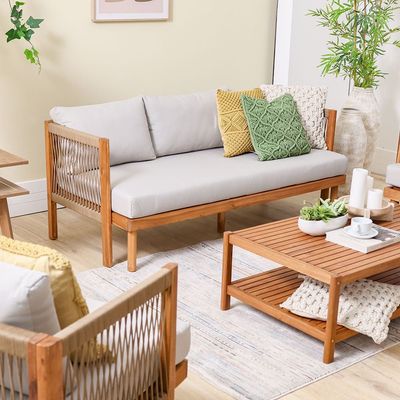 Watson 5-Seater Wooden Sofa Set - Natural Wood/Beige - With 2-Year Warranty