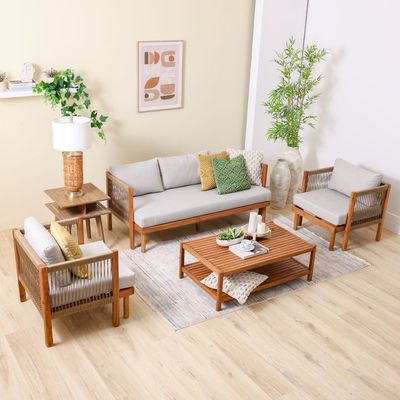 Watson 5-Seater Wooden Sofa Set - Natural Wood/Beige - With 2-Year Warranty