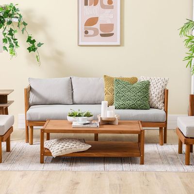 Watson 5-Seater Wooden Sofa Set - Natural Wood/Beige - With 2-Year Warranty