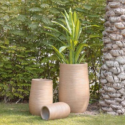 Fiber Clay Pot with Rattan Design - Beige - 35x35x55 CM