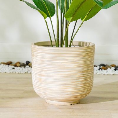 Fiber Clay Pot - Rattan Design - Beige - 37x37x34 CM 