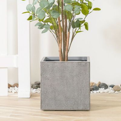 Fiber Clay Square Pot with Rough Design - Dark Grey - 30x30x30 CM 