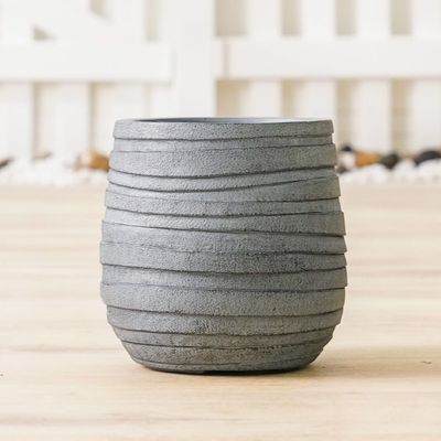 Fiber Clay Pot with Ribbon Design - Dark Grey - 22x22x22 CM