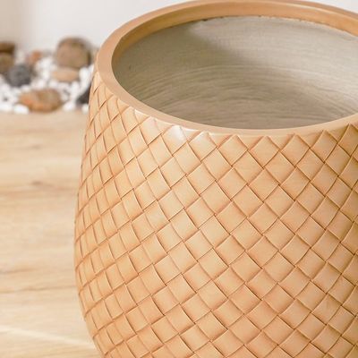 Fiber Clay Pot with Leather Design - Beige - 22x22x22 CM 