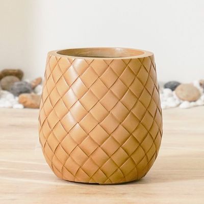 Fiber Clay Pot with Leather Design - Beige - 22x22x22 CM 