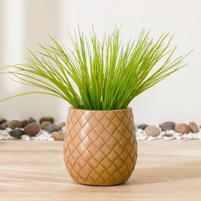 Fiber Clay Pot with Leather Design - Beige - 22x22x22 CM 