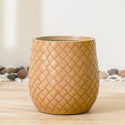 Fiber Clay Pot with Leather Design - Beige - 31.5x31.5x32 CM 