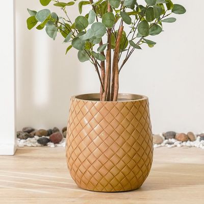 Fiber Clay Pot with Leather Design - Beige - 31.5x31.5x32 CM 