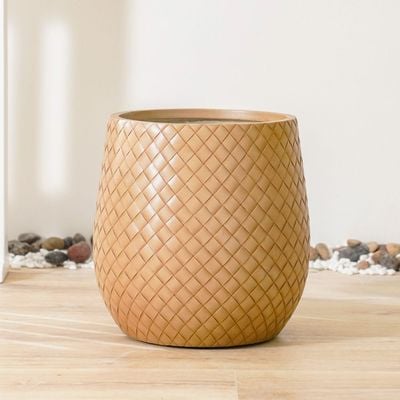 Fiber Clay Pot with Leather Design - Beige - 43.5x43.5x44 CM 