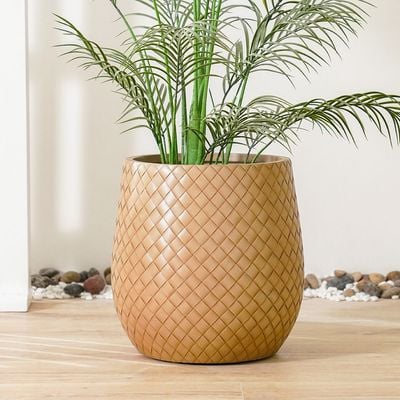 Fiber Clay Pot with Leather Design - Beige - 43.5x43.5x44 CM 