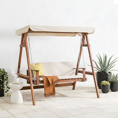 Camry 2-Seater Wooden Swing with Canopy - Brown/Beige