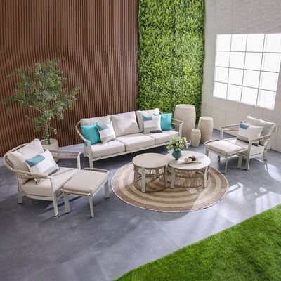 Melinda 5-Seater Aluminum Rope Sofa Set with 2 Tables - Beige - With 3-Year Warranty