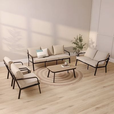 Ivory 7-Seater Aluminum Sofa Set with Coffee Table - Light Khaki/Black - With 1-Year Warranty
