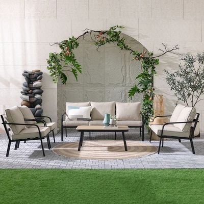 Ivory 7-Seater Aluminum Sofa Set with Coffee Table-Light Khaki/Black-With 1-Year Warranty