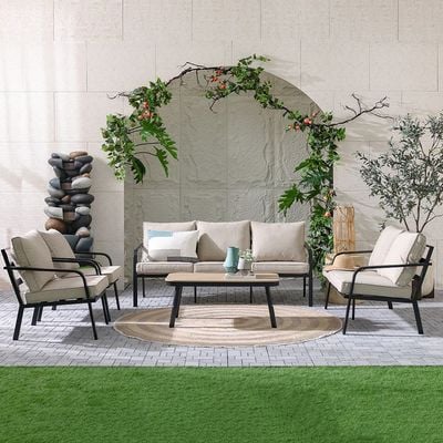 Ivory 7-Seater Aluminum Sofa Set with Coffee Table - Light Khaki/Black - With 1-Year Warranty