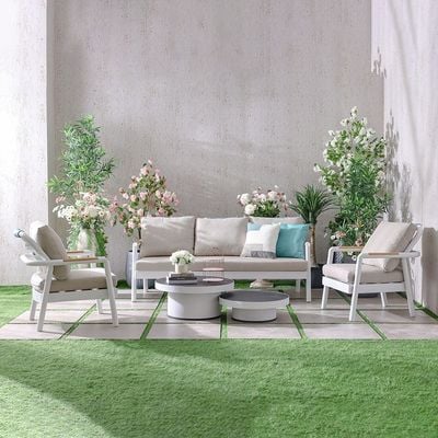 Genova 5-Seater Aluminum Sofa Set with 2 Tables-Beige/White-With 2-Year Warranty
