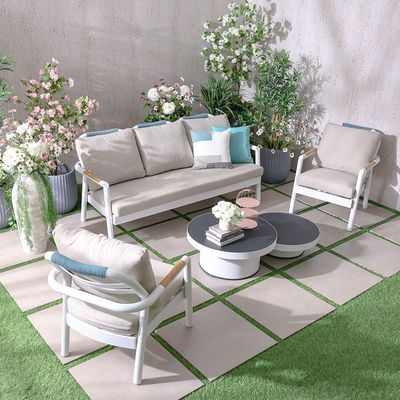 Genova 5-Seater Aluminum Sofa Set with 2 Tables - Beige/White - With 2-Year Warranty 