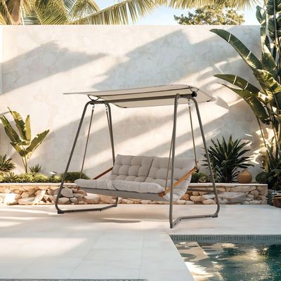 Lima 3-Seater Swing with Canopy - Grey-Green/Teak/Beige - With 1-Year Warranty