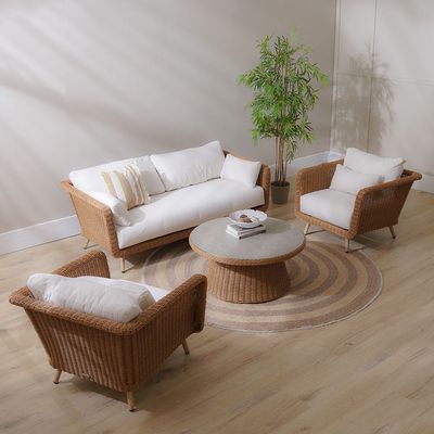 Santiago 5-Seater Rattan Sofa Set + Coffee Table - Brown/White - With 2-Year Warranty