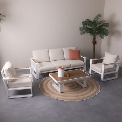 Croma 5-Seater Sofa Set with Coffee Table - White/Teakwood - With 2-Year Warranty