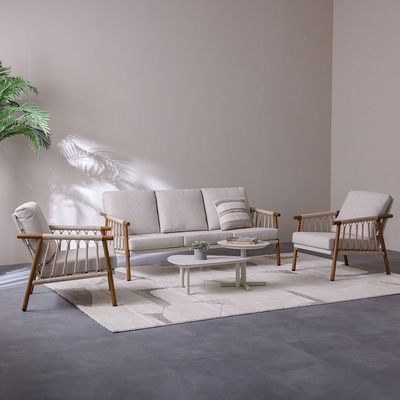 Marva 5-Seater Sofa Set + 2 Coffee Tables - Beige/Teakwood - With 2-Year Warranty 