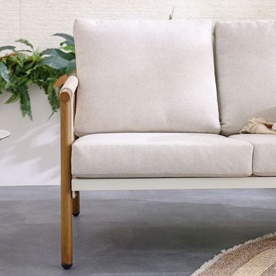 Marva 5-Seater Sofa Set + 2 Coffee Tables-Beige/Teakwood-With 2-Year Warranty