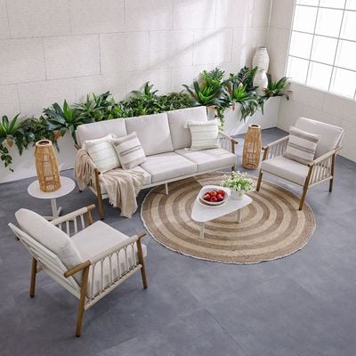 Marva 5-Seater Sofa Set + 2 Coffee Tables-Beige/Teakwood-With 2-Year Warranty