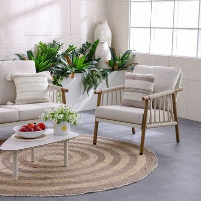 Marva 5-Seater Sofa Set + 2 Coffee Tables-Beige/Teakwood-With 2-Year Warranty