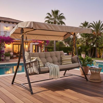 Lucia 3-Seater Swing with Canopy - Dark Beige - With 1-Year Warranty 