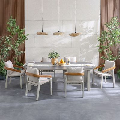 Vienna 1 + 6-Seater Dining Set - Beige/Apricot/Teak/Dark Grey Stone - With 2-Year Warranty - By Ziantti