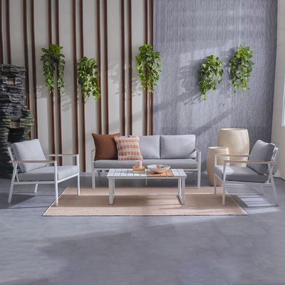 ألبا طقم كنبة 5- مقاعد مع طاولة قهوة - رمادي/أبيض/خشب طبيعي - مع ضمان لمدة عام