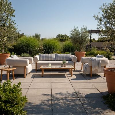 Joyce 5-Seater Sofa Set with Coffee Table - Beige/Blue/Teak - With 3-Year Warranty - By Ziantti