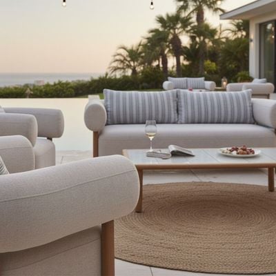 Joyce 5-Seater Sofa Set with Coffee Table-Beige/Blue/Teak-With 3-Year Warranty-By Ziantti