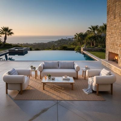 Joyce 5-Seater Sofa Set with Coffee Table-Beige/Blue/Teak-With 3-Year Warranty-By Ziantti