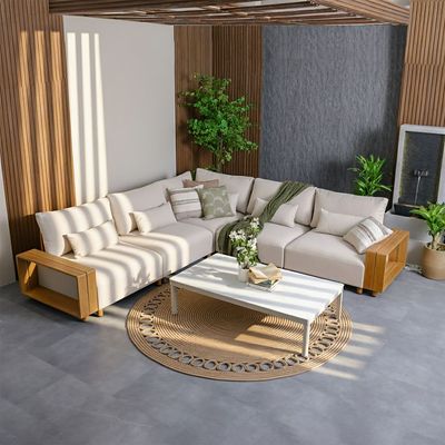 Geneva 5-Seater Luxury Corner Sofa Set with Coffee Table - Beige/Apricot/Teak - With 3-Year Warranty - By Ziantti