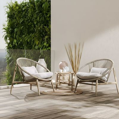 Belarus 1 + 2-Seater Rattan Balcony Set - Beige/Natural Oak - With 1-Year Warranty