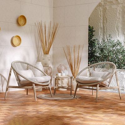 Belarus 1 + 2-Seater Rattan Balcony Set - Beige/Natural Oak - With 1-Year Warranty