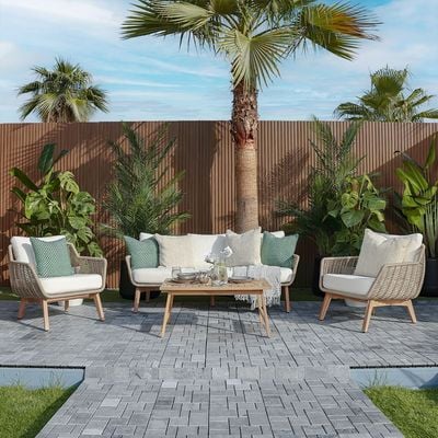 Honey 5-Seater Sofa Set - Beige/Natural Wood - With 2-Year Warranty