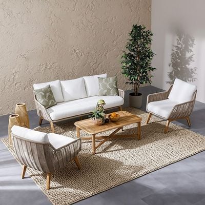 Honey 5-Seater Sofa Set - Beige/Natural Wood - With 2-Year Warranty