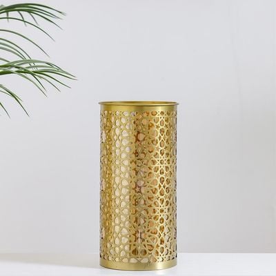 Afreen Calligraphic Treasures Votive With Gold Luster Glass Inside Large Gold 14X14X27.5Cm