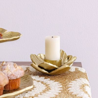 Adira Ornate Metal Lotus Leaf T-Light Holder Gold 13X13X4.50Cm