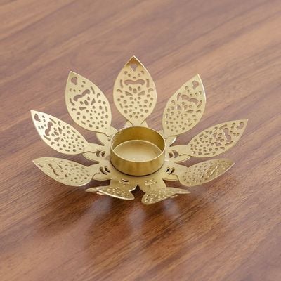 Adira Ornate Metal Lotus Cutwork Leaf T-Light Holder Gold 15.50X15.50X4Cm