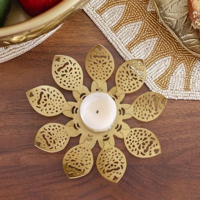 Adira Ornate Metal Lotus Cutwork Leaf T-Light Holder Gold 15.50X15.50X4Cm