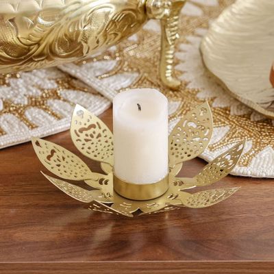 Adira Ornate Metal Lotus Cutwork Leaf T-Light Holder Gold 15.50X15.50X4Cm