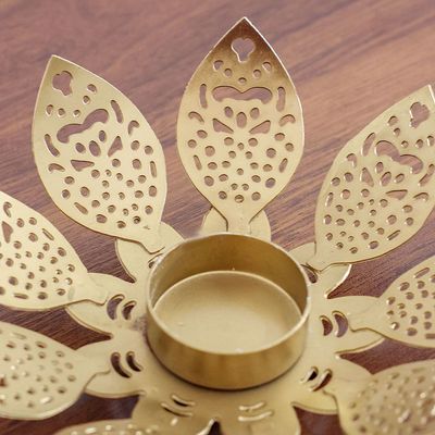 Adira Ornate Metal Lotus Cutwork Leaf T-Light Holder Gold 15.50X15.50X4Cm