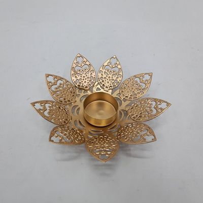 Adira Ornate Metal Lotus Cutwork Leaf T-Light Holder Gold 15.50X15.50X4Cm