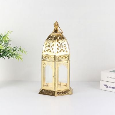 Afreen Metal Moroccon Crest Lantern Gold-13.5X12X24.5Cm