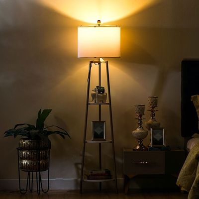 Nicholas Metal Etagere Floor Lamp with Marble Decal Finish Shelf