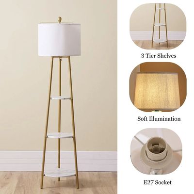 Nicholas Metal Etagere Floor Lamp with Marble Decal Finish Shelf - 41x41x153 cm - Gold  - With 2-Year Warranty