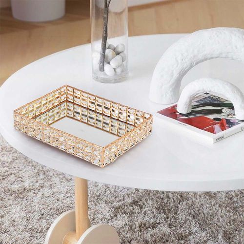 Medalion Metal Mirror Tray With Crystal 36X26X7Cm Gold